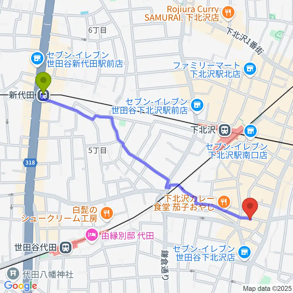 新代田駅から下北沢BAR? CCOへのルートマップ地図