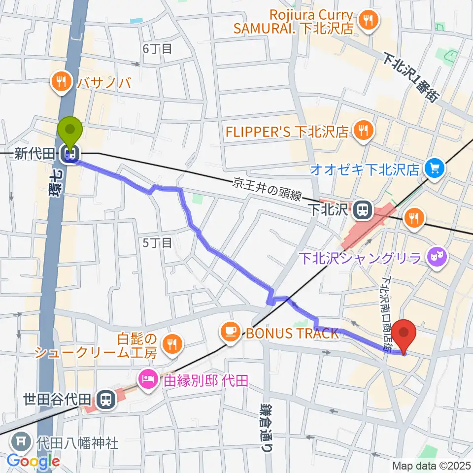 新代田駅から下北沢BAR? CCOへのルートマップ地図