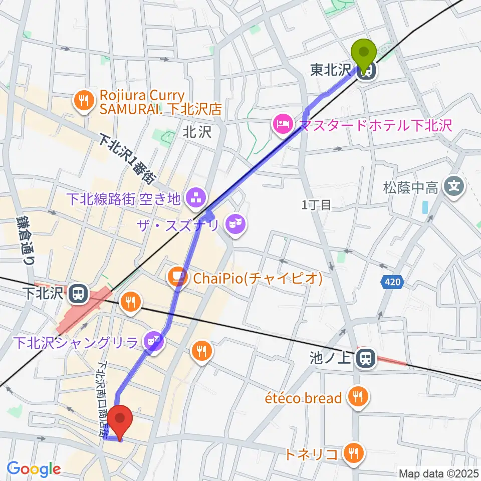 東北沢駅から下北沢BAR? CCOへのルートマップ地図