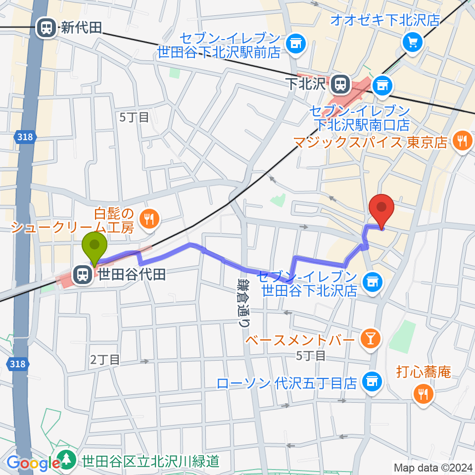 世田谷代田駅から下北沢BAR? CCOへのルートマップ地図