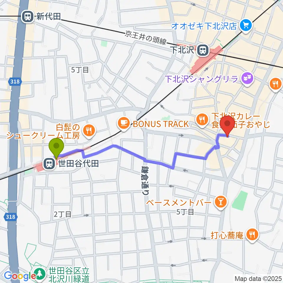 世田谷代田駅から下北沢BAR? CCOへのルートマップ地図