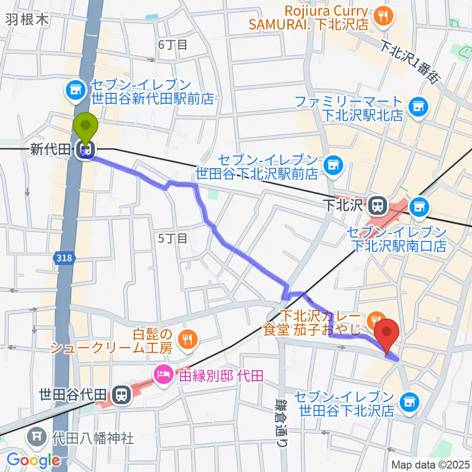 新代田駅から下北沢leteへのルートマップ地図