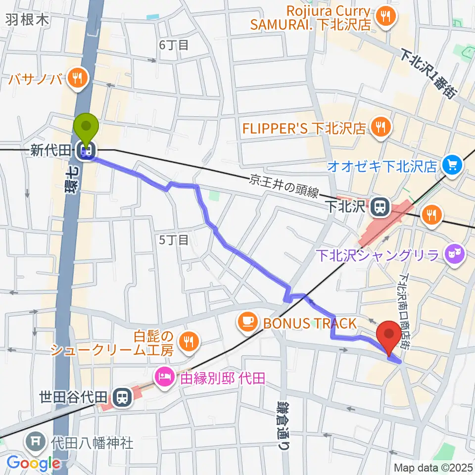 新代田駅から下北沢leteへのルートマップ地図