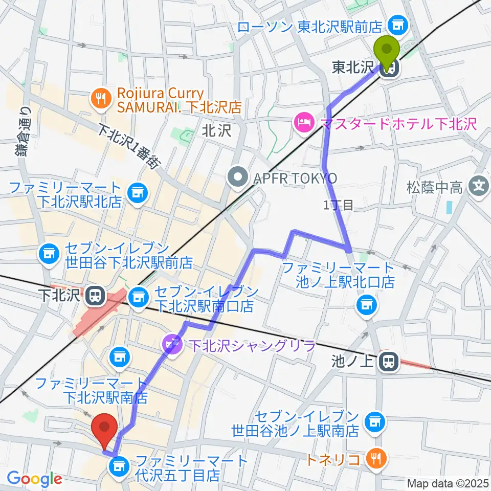 東北沢駅から下北沢leteへのルートマップ地図