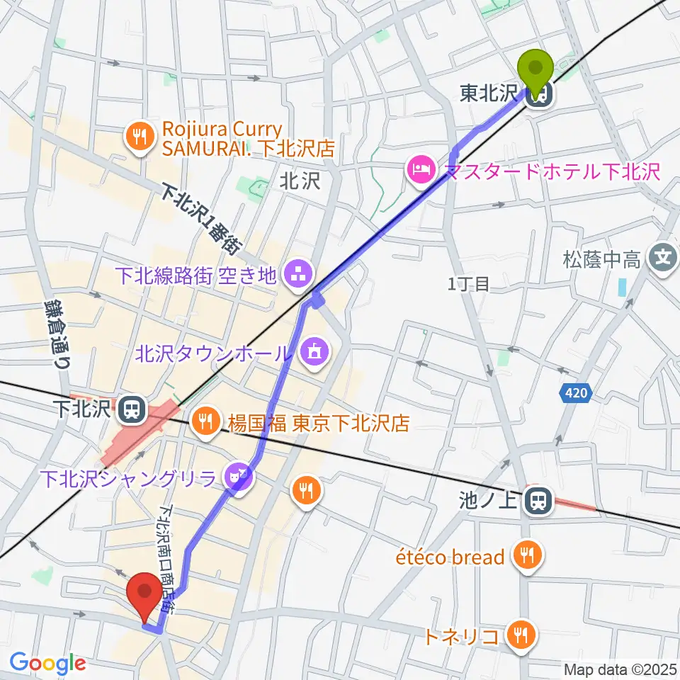 東北沢駅から下北沢leteへのルートマップ地図