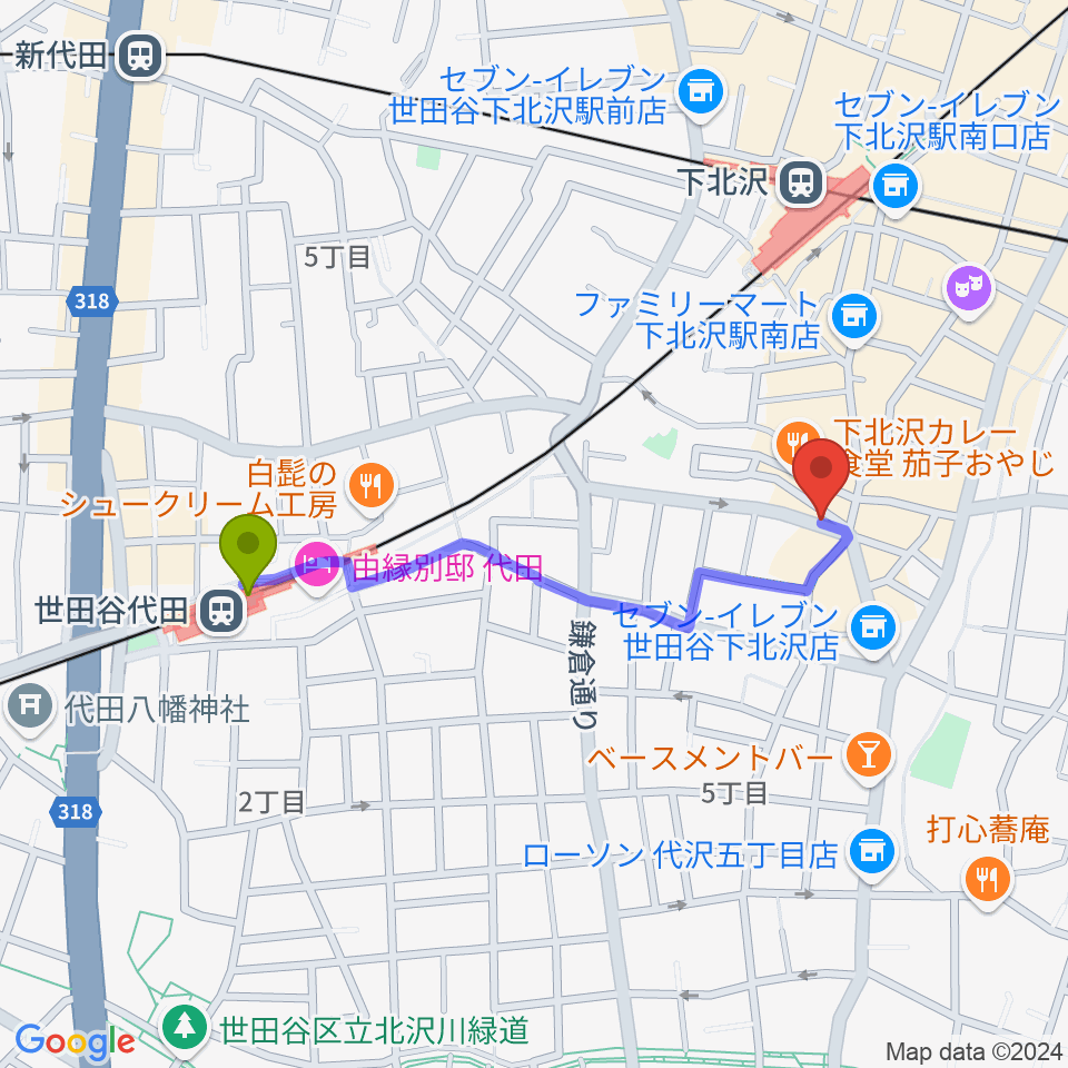 世田谷代田駅から下北沢leteへのルートマップ地図