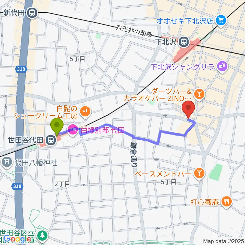 世田谷代田駅から下北沢leteへのルートマップ地図