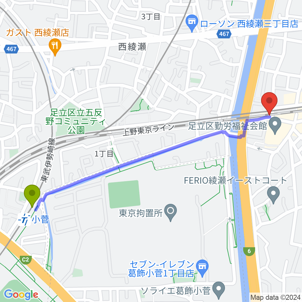 小菅駅から綾瀬CHESSへのルートマップ地図