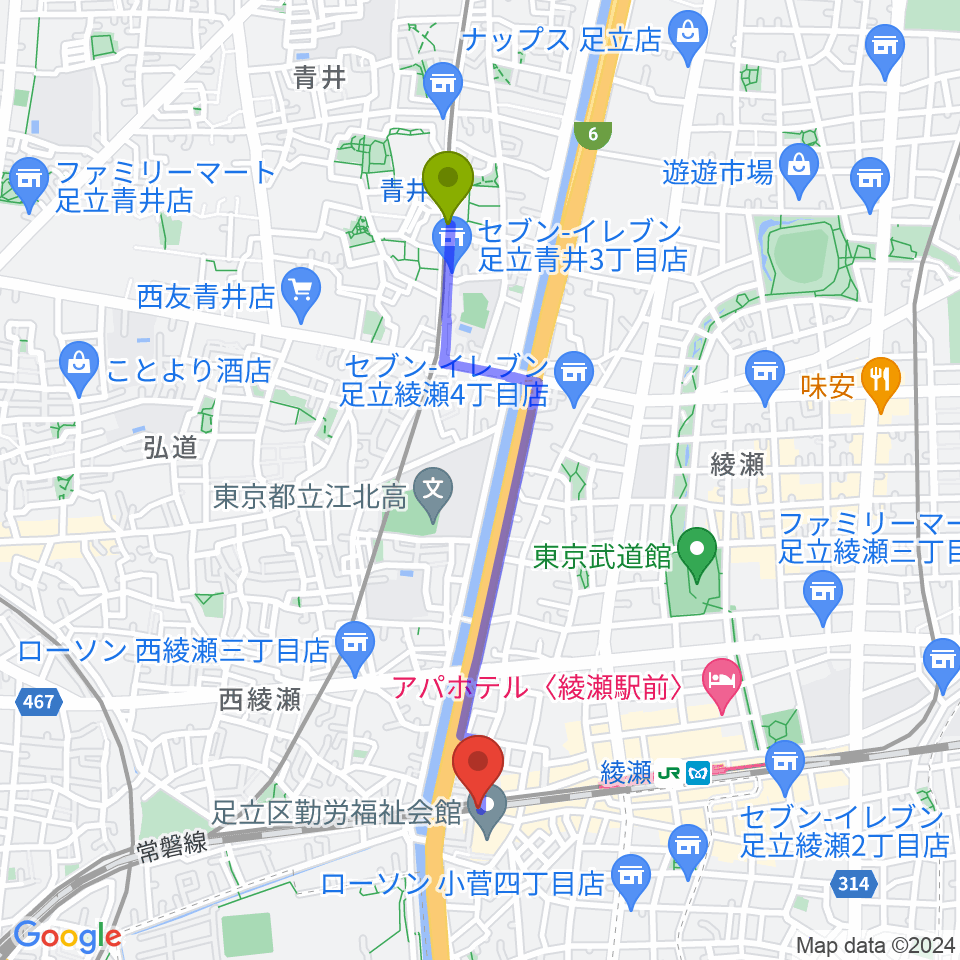 青井駅から綾瀬CHESSへのルートマップ地図