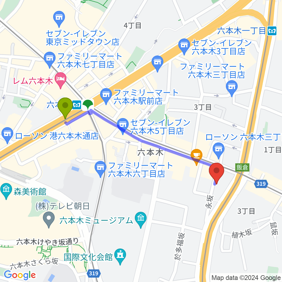 六本木ホオキパスクエアの最寄駅六本木駅からの徒歩ルート（約9分）地図