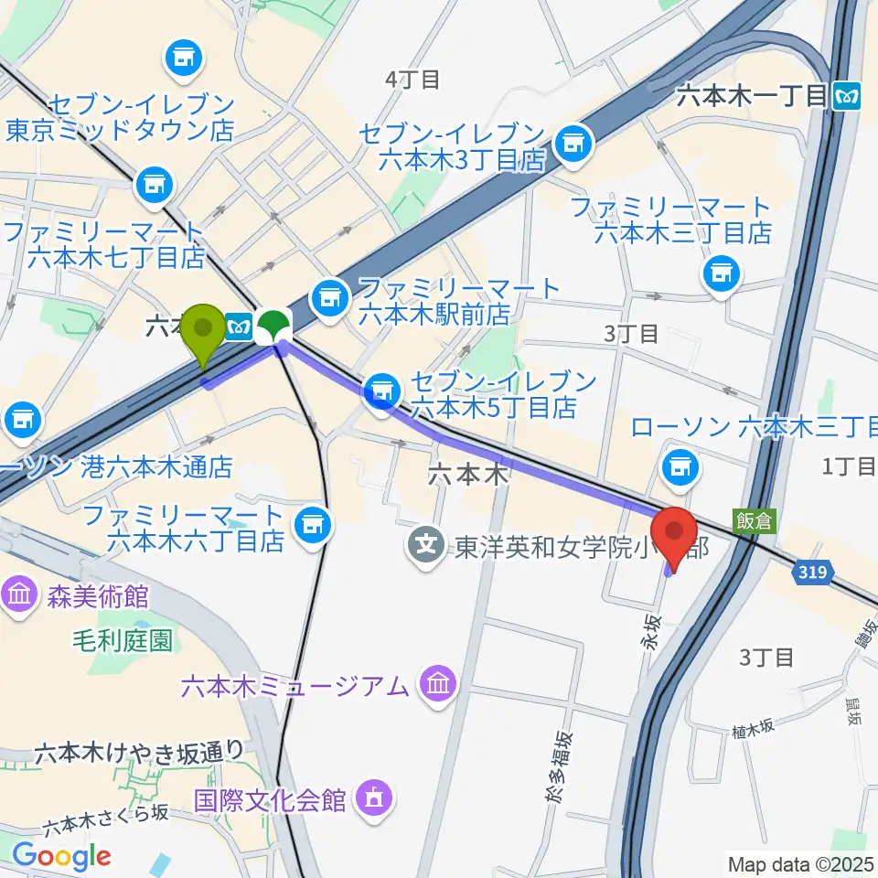 六本木ホオキパスクエアの最寄駅六本木駅からの徒歩ルート（約9分）地図