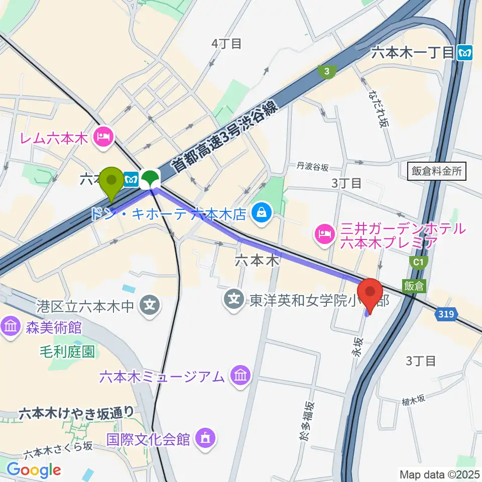 六本木ホオキパスクエアの最寄駅六本木駅からの徒歩ルート（約9分）地図