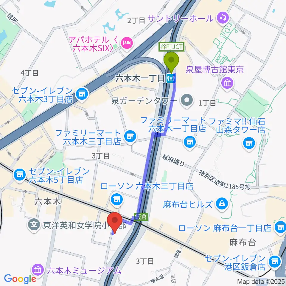 六本木一丁目駅から六本木ホオキパスクエアへのルートマップ地図