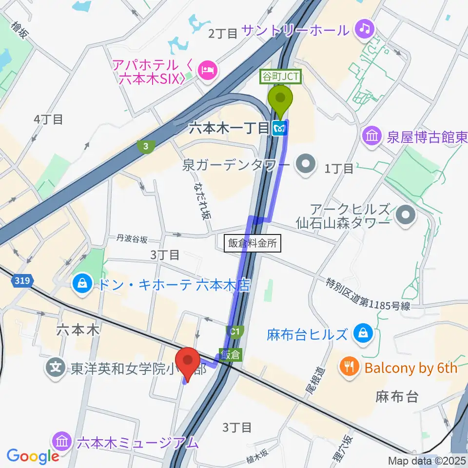 六本木一丁目駅から六本木ホオキパスクエアへのルートマップ地図