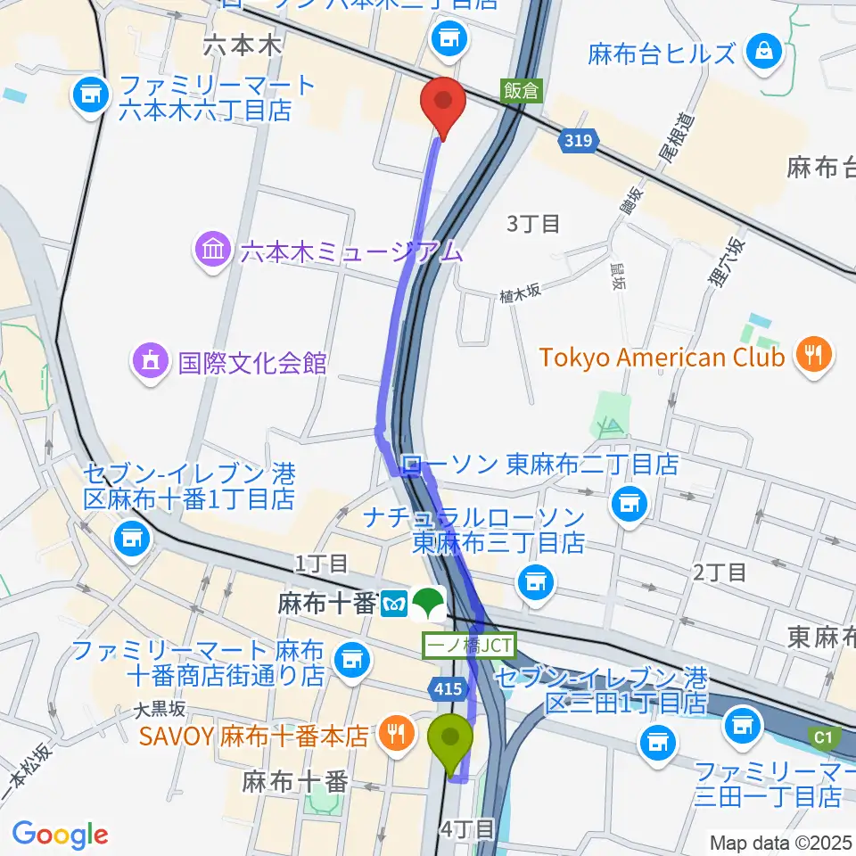 麻布十番駅から六本木ホオキパスクエアへのルートマップ地図