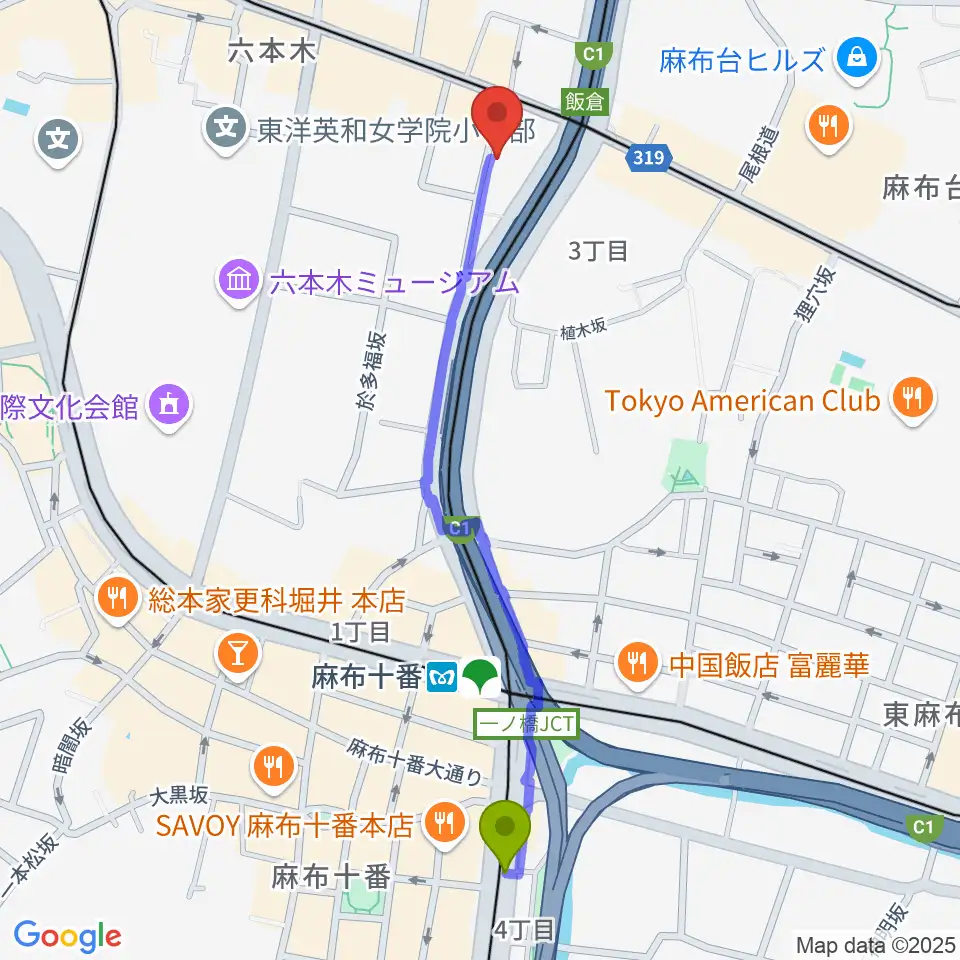 麻布十番駅から六本木ホオキパスクエアへのルートマップ地図
