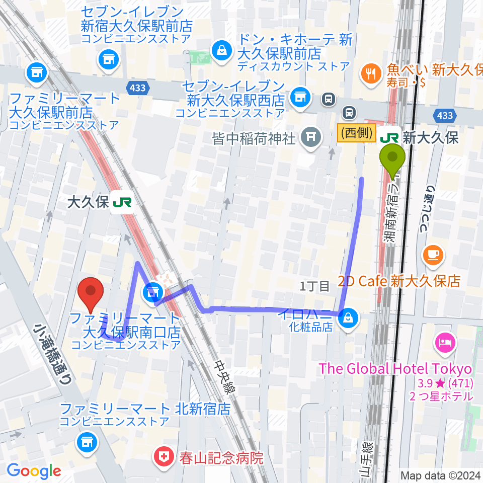 新大久保駅から大久保バンプシティーへのルートマップ地図