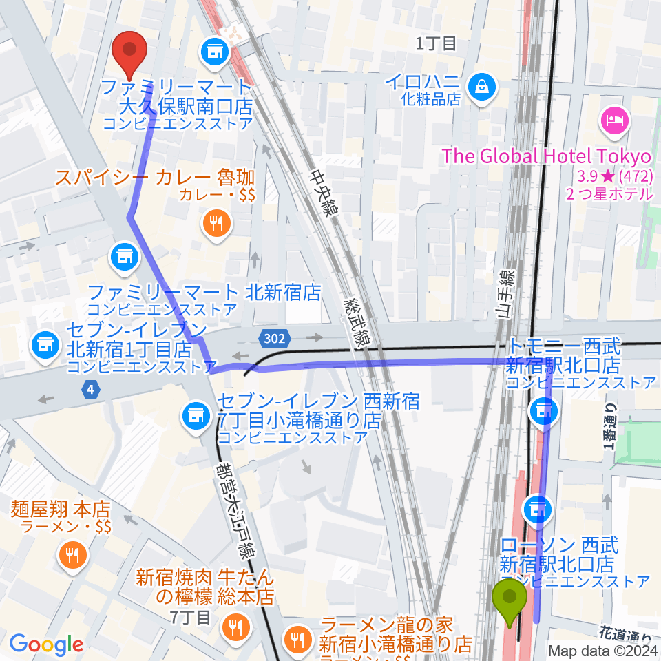 西武新宿駅から大久保バンプシティーへのルートマップ地図