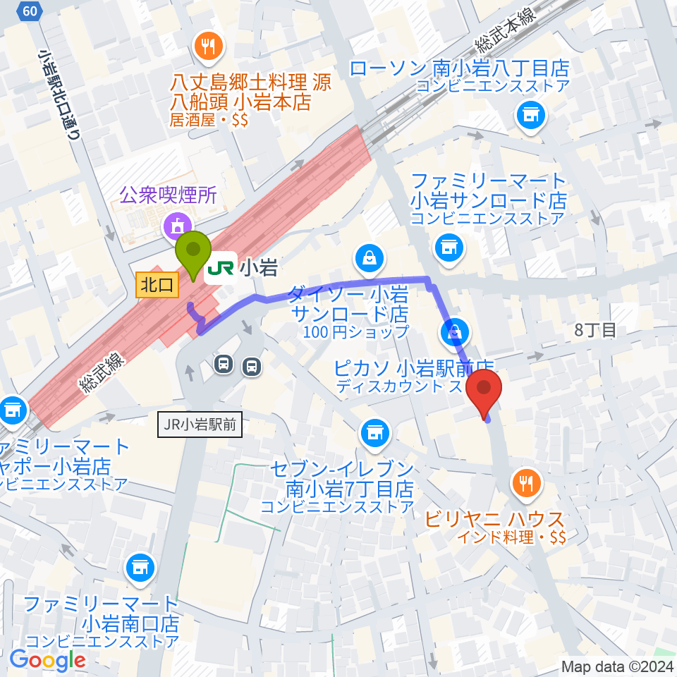 小岩BUSHBASHの最寄駅小岩駅からの徒歩ルート（約4分）地図