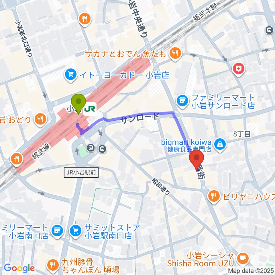 小岩BUSHBASHの最寄駅小岩駅からの徒歩ルート（約4分）地図