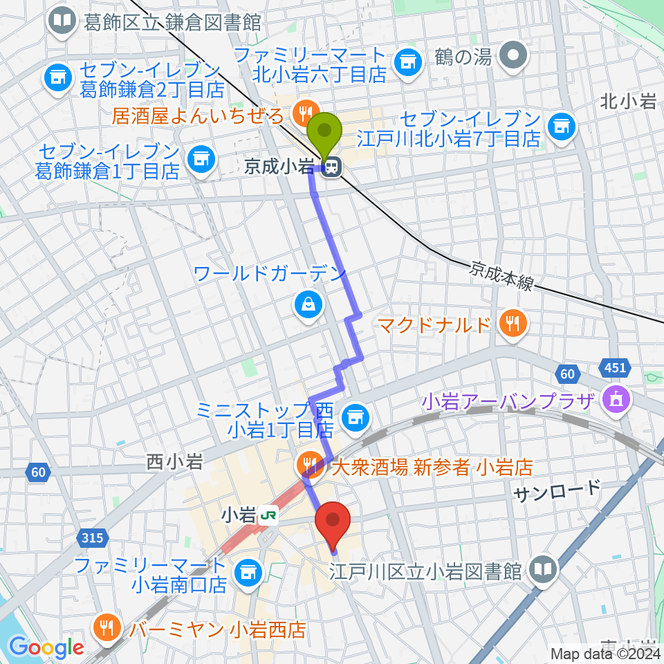 京成小岩駅から小岩BUSHBASHへのルートマップ地図