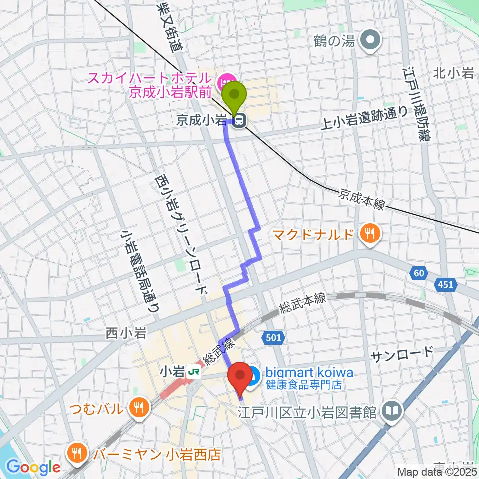 京成小岩駅から小岩BUSHBASHへのルートマップ地図