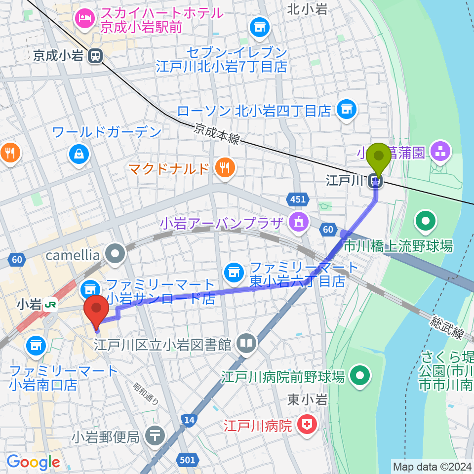 江戸川駅から小岩BUSHBASHへのルートマップ地図