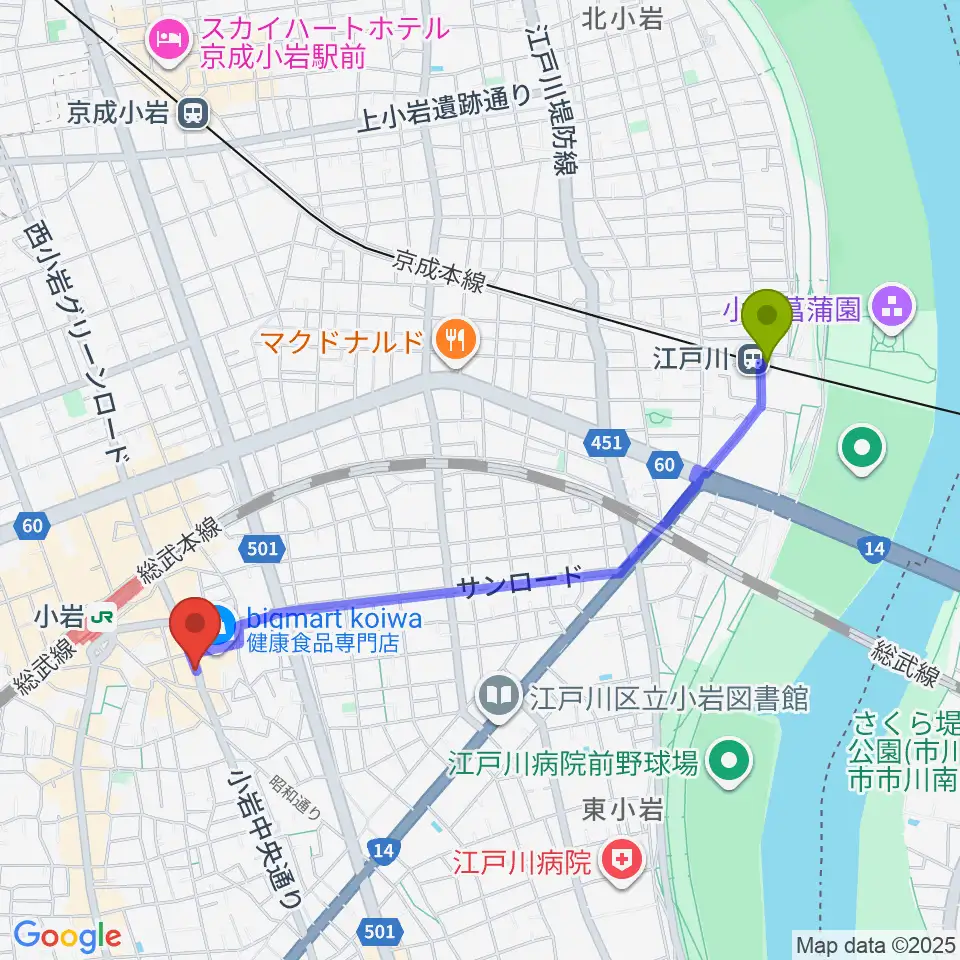 江戸川駅から小岩BUSHBASHへのルートマップ地図