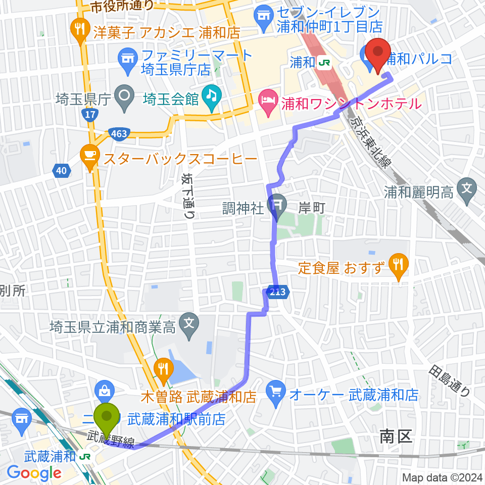 武蔵浦和駅から島村楽器 浦和パルコ店へのルートマップ地図
