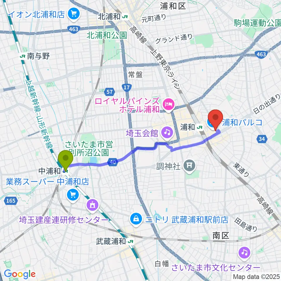 中浦和駅から島村楽器 浦和パルコ店へのルートマップ地図