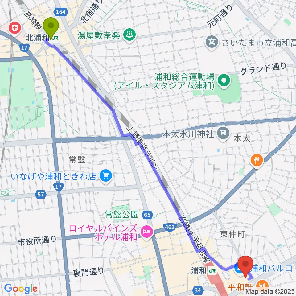 北浦和駅から島村楽器 浦和パルコ店へのルートマップ地図