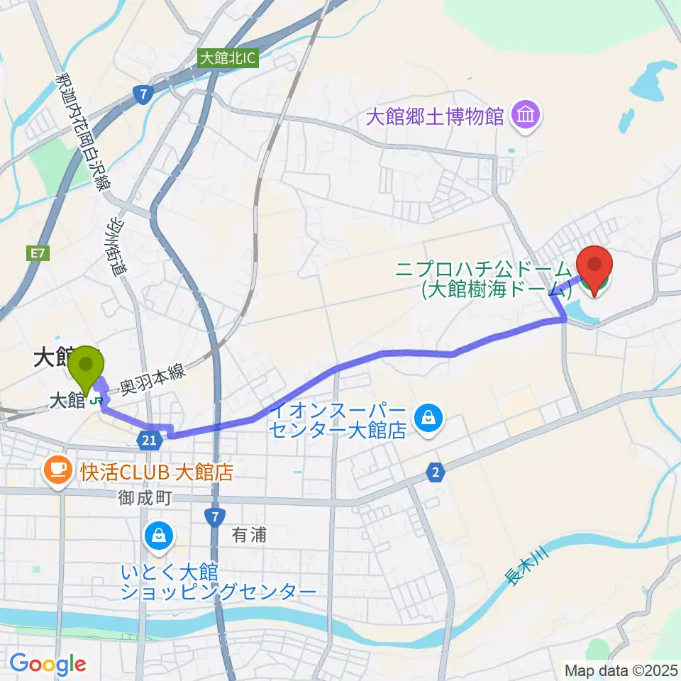 ニプロハチ公ドームの最寄駅大館駅からの徒歩ルート（約44分）地図