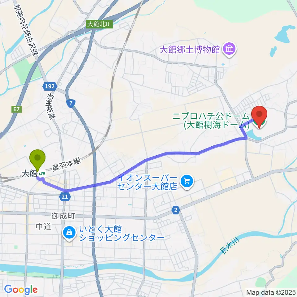 ニプロハチ公ドームの最寄駅大館駅からの徒歩ルート（約44分）地図
