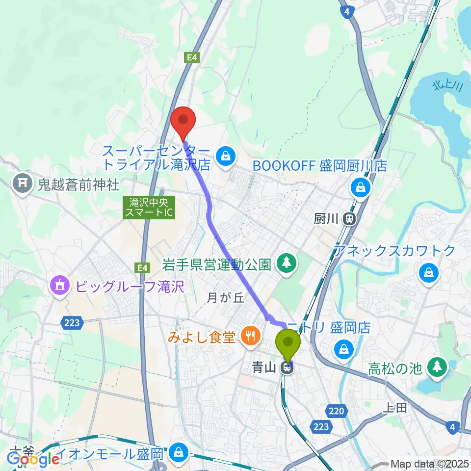 青山駅から滝沢ふるさと交流館へのルートマップ地図