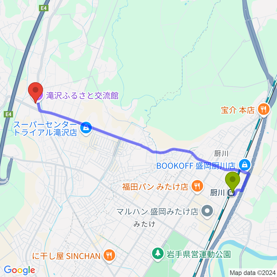 滝沢ふるさと交流館の最寄駅厨川駅からの徒歩ルート（約46分）地図