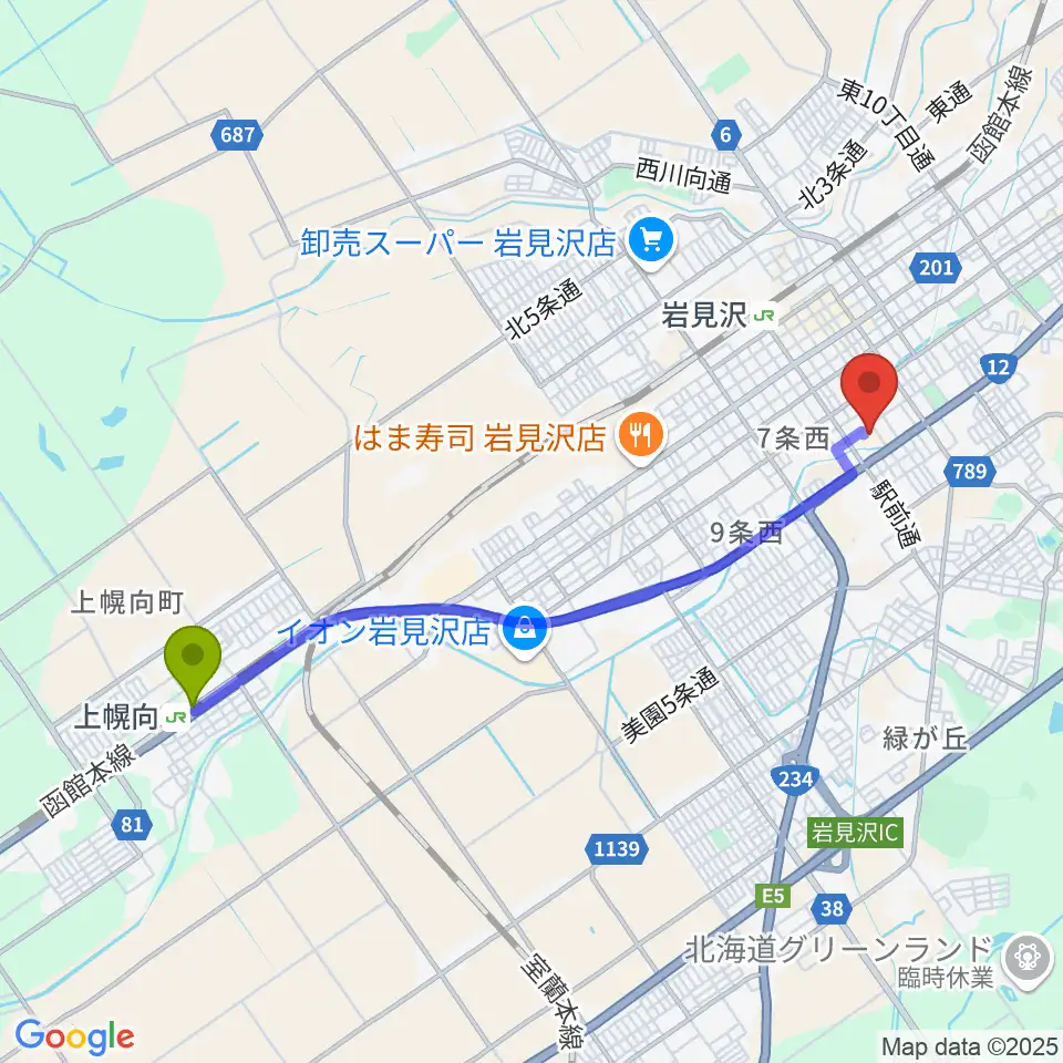 上幌向駅からまなみーる 岩見沢市民会館・文化センターへのルートマップ地図