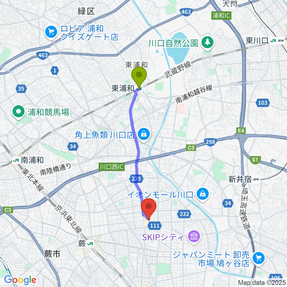 東浦和駅から島村楽器イオンモール川口前川店へのルートマップ地図