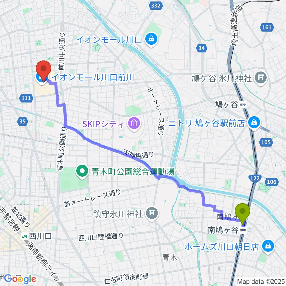 南鳩ヶ谷駅から島村楽器イオンモール川口前川店へのルートマップ地図