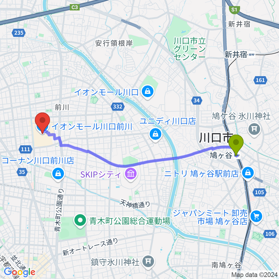 鳩ヶ谷駅から島村楽器イオンモール川口前川店へのルートマップ地図