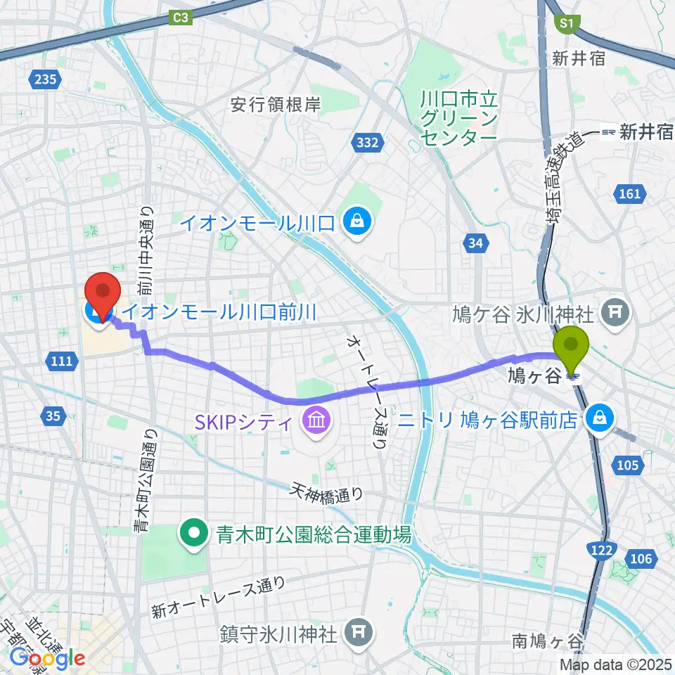 鳩ヶ谷駅から島村楽器イオンモール川口前川店へのルートマップ地図