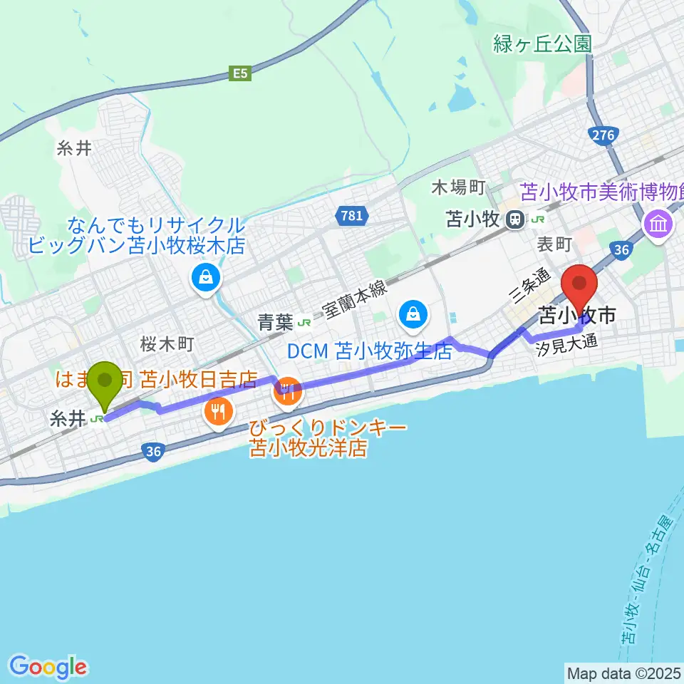 糸井駅から苫小牧市民会館へのルートマップ地図