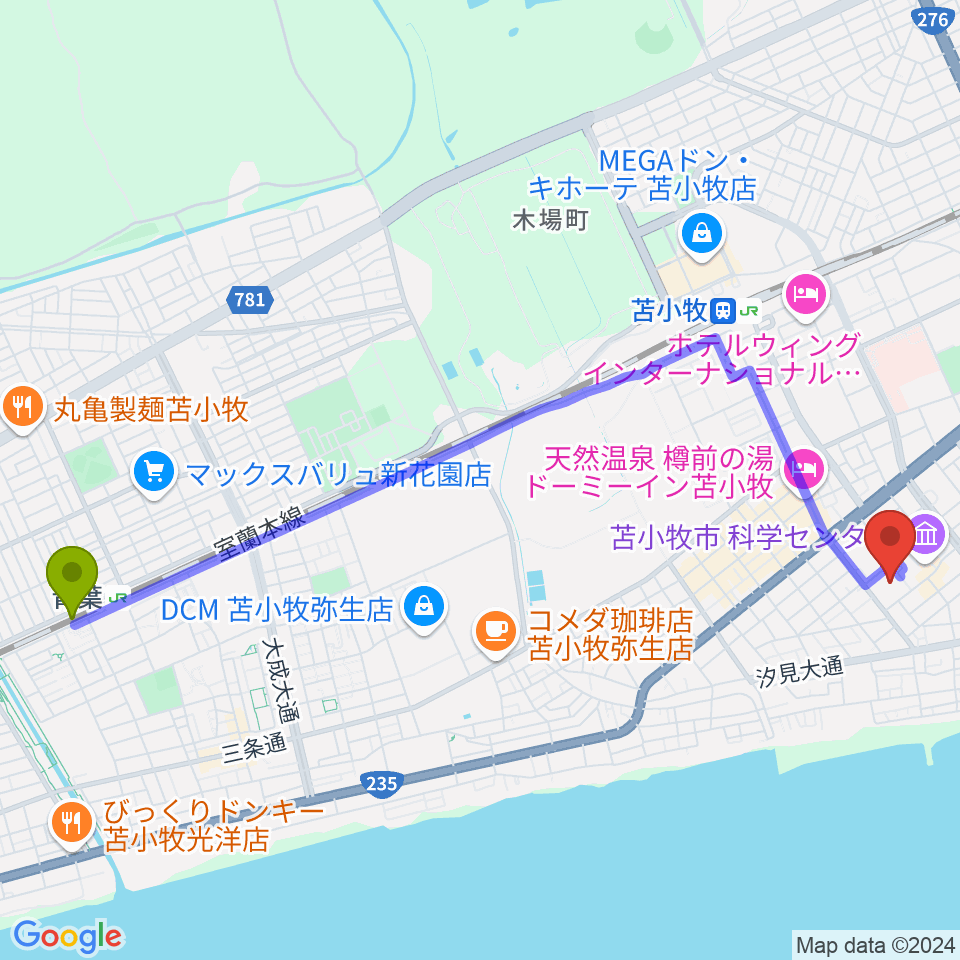 青葉駅から苫小牧市民会館へのルートマップ地図