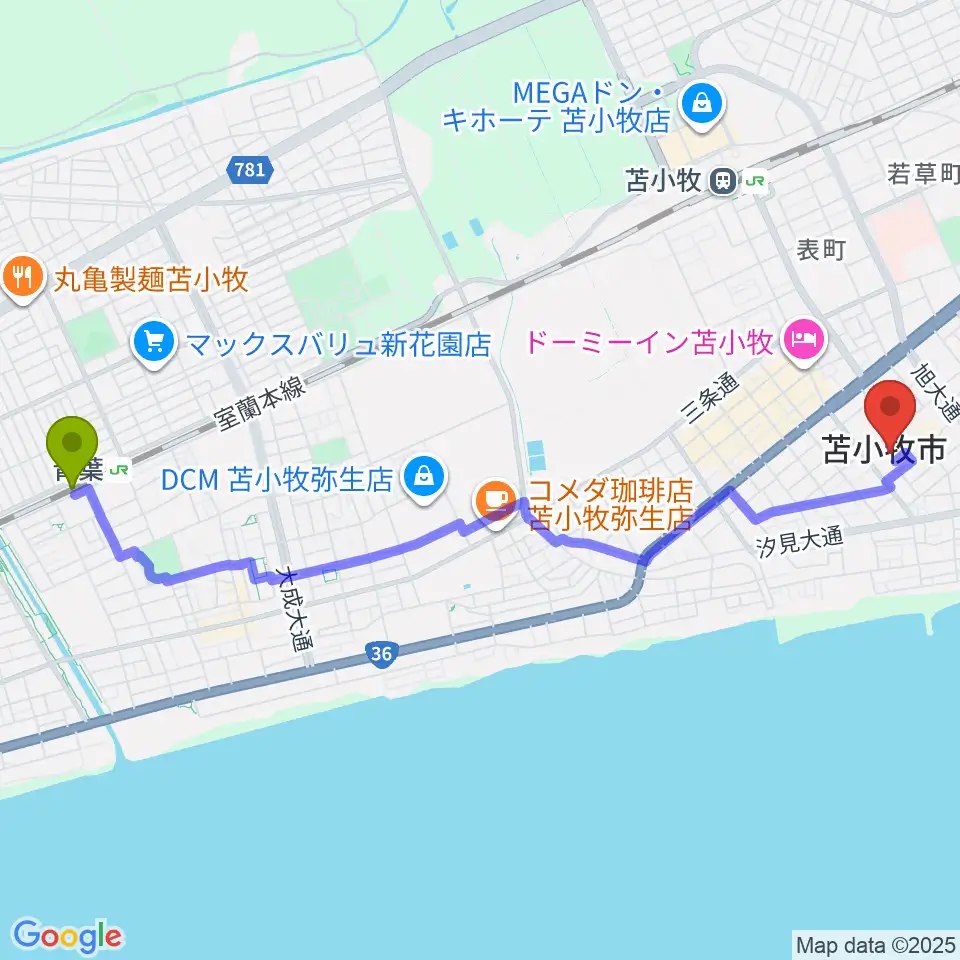 青葉駅から苫小牧市民会館へのルートマップ地図