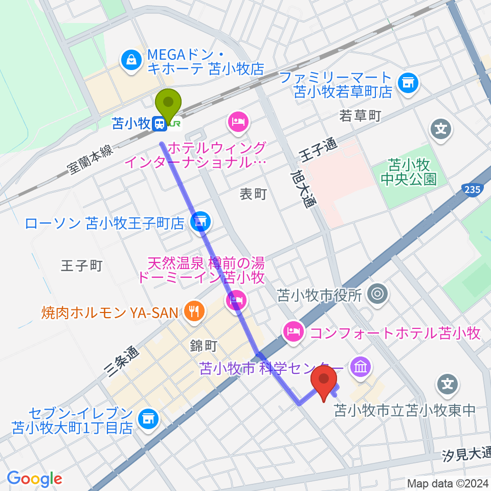 苫小牧市民会館の最寄駅苫小牧駅からの徒歩ルート（約18分）地図