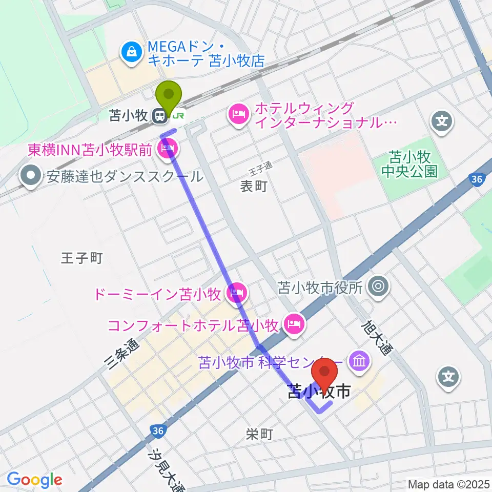 苫小牧市民会館の最寄駅苫小牧駅からの徒歩ルート（約18分）地図