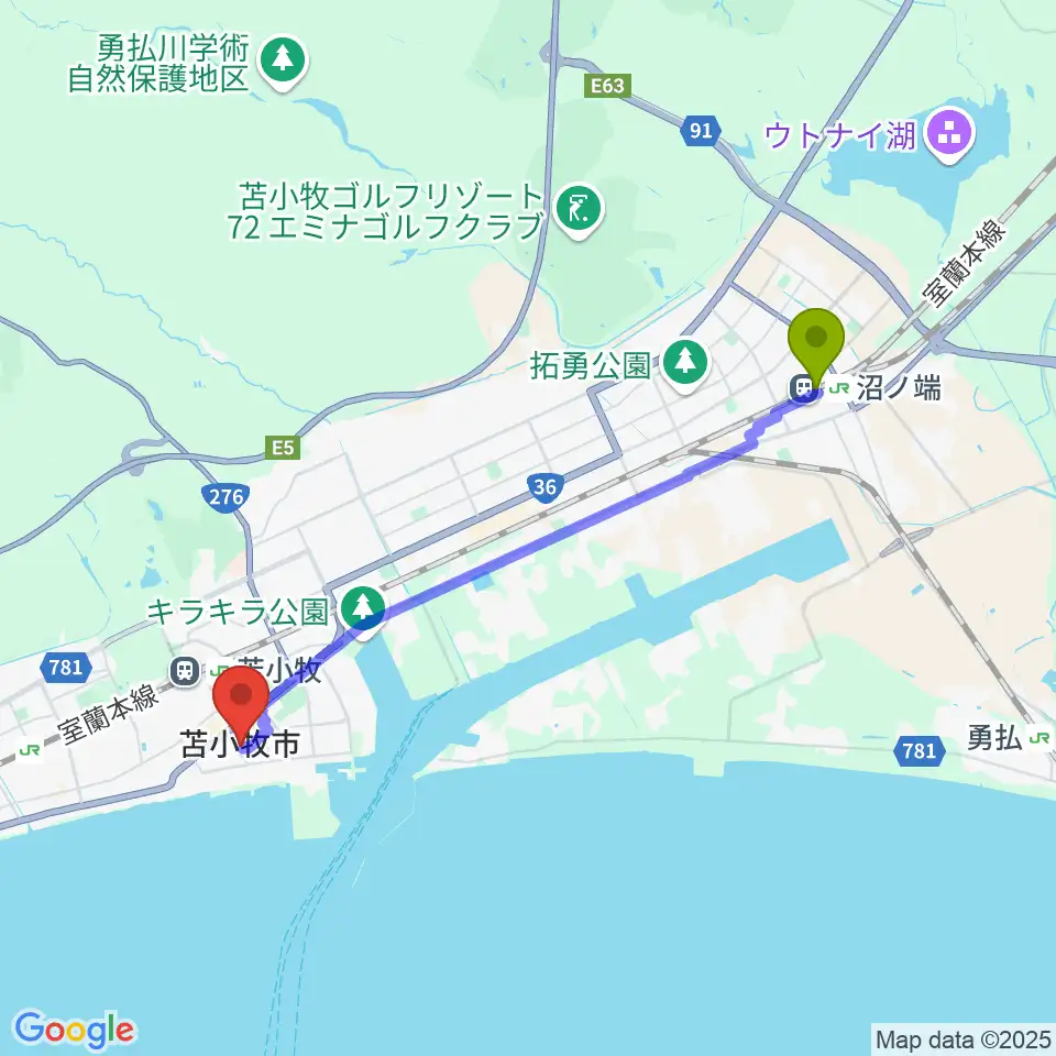 沼ノ端駅から苫小牧市民会館へのルートマップ地図