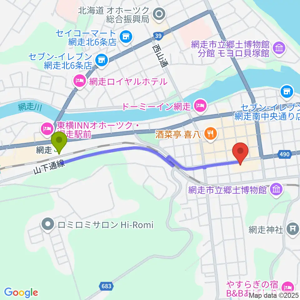 網走駅から網走市民会館へのルートマップ地図