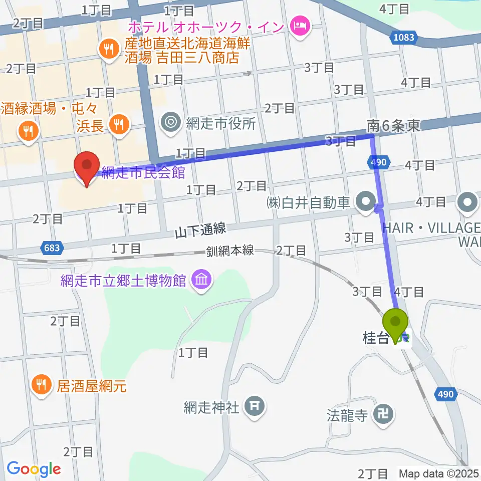 網走市民会館の最寄駅桂台駅からの徒歩ルート（約10分）地図