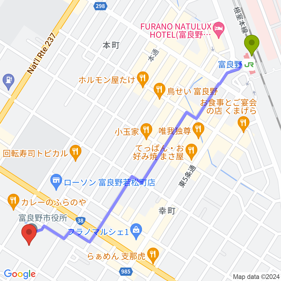 富良野文化会館サンエーホールの最寄駅富良野駅からの徒歩ルート（約14分）地図