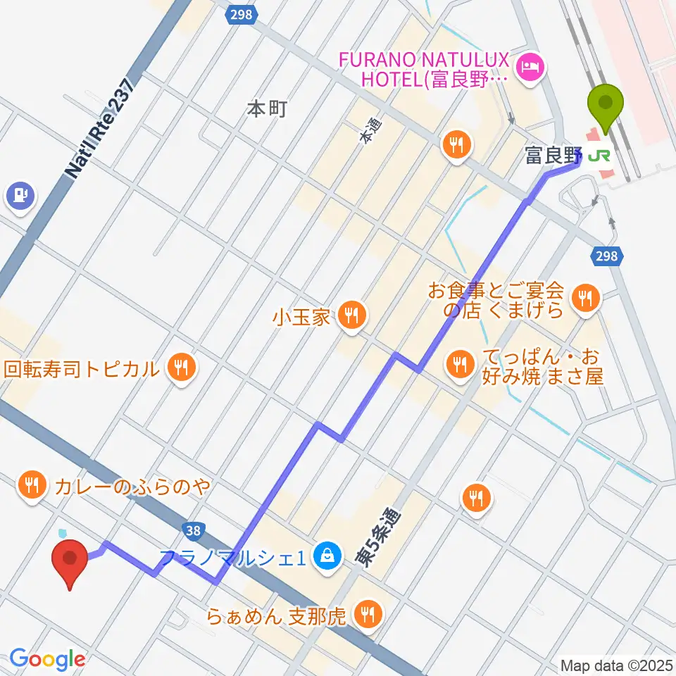 富良野文化会館サンエーホールの最寄駅富良野駅からの徒歩ルート（約14分）地図